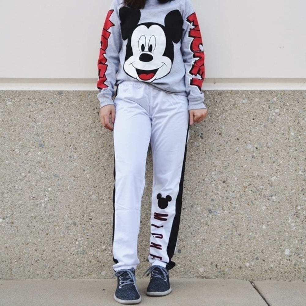 Disney Women's Juniors Mickey Mouse Elastic Waist Band Track Pants White